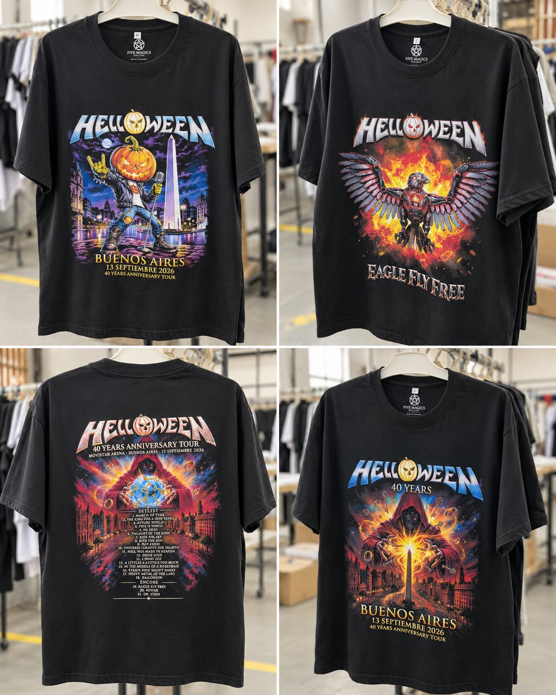 Cuatro remeras terminadas de Helloween: Pumpkin Buenos Aires, Eagle Fly Free, setlist del show y Keeper Buenos Aires