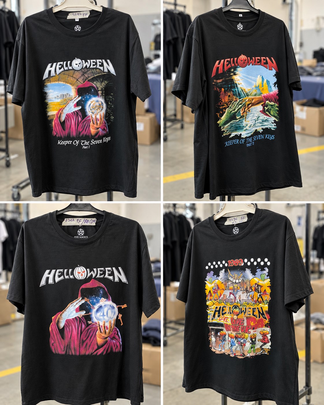 Cuatro remeras terminadas de Helloween con estampas de Keeper y Live in the U.K.
