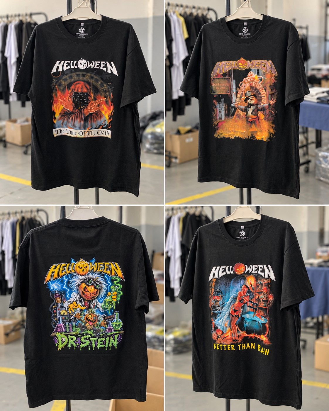 Cuatro remeras terminadas de Helloween con estampas de The Time of the Oath, Gambling with the Devil, Dr. Stein y Better Than Raw