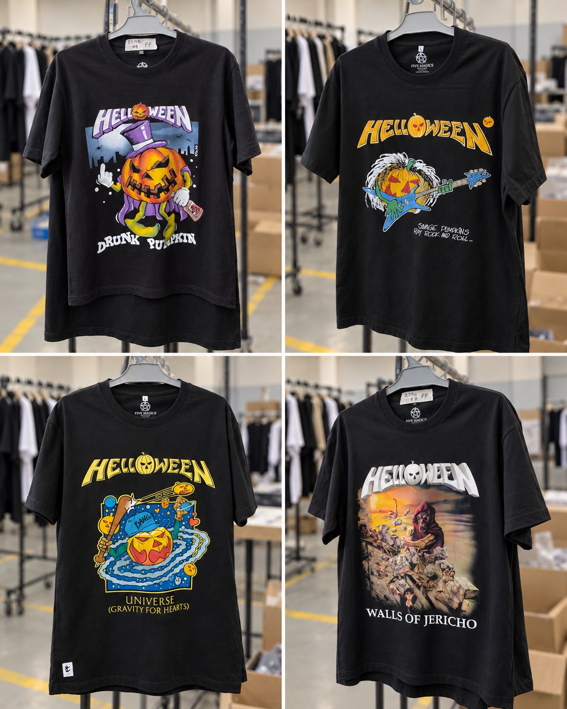Cuatro remeras terminadas de Helloween con estampas de Drunk Pumpkin, Savage Pumpkins, Universe y Walls of Jericho