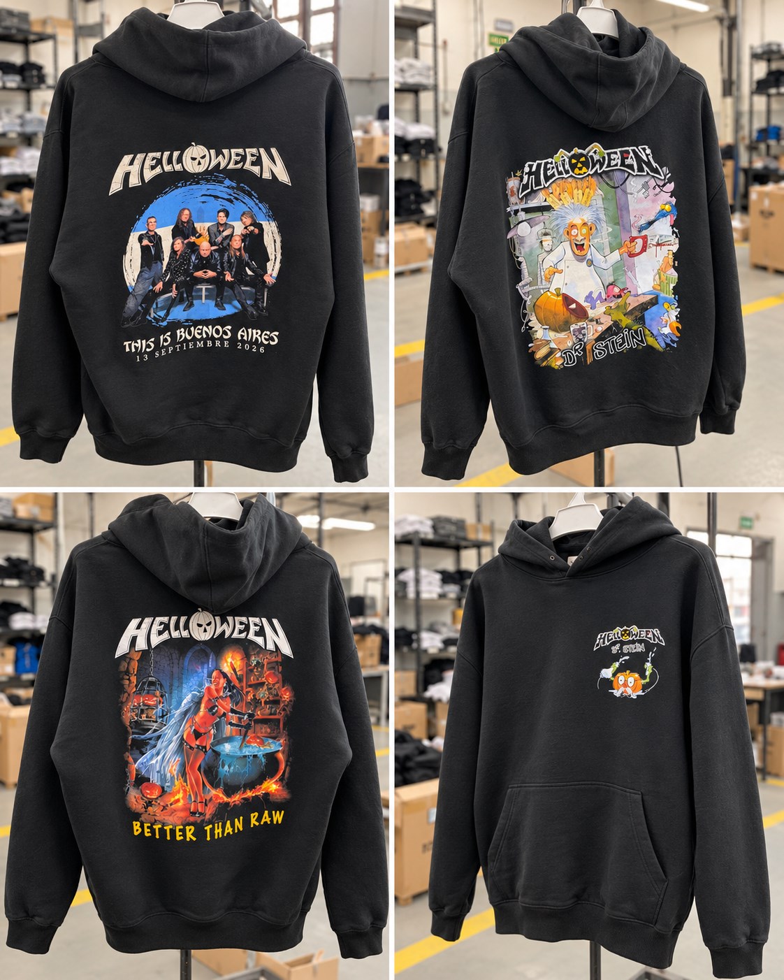 Cuatro remeras terminadas de Helloween con estampas de Buenos Aires, Dr. Stein y Better Than Raw